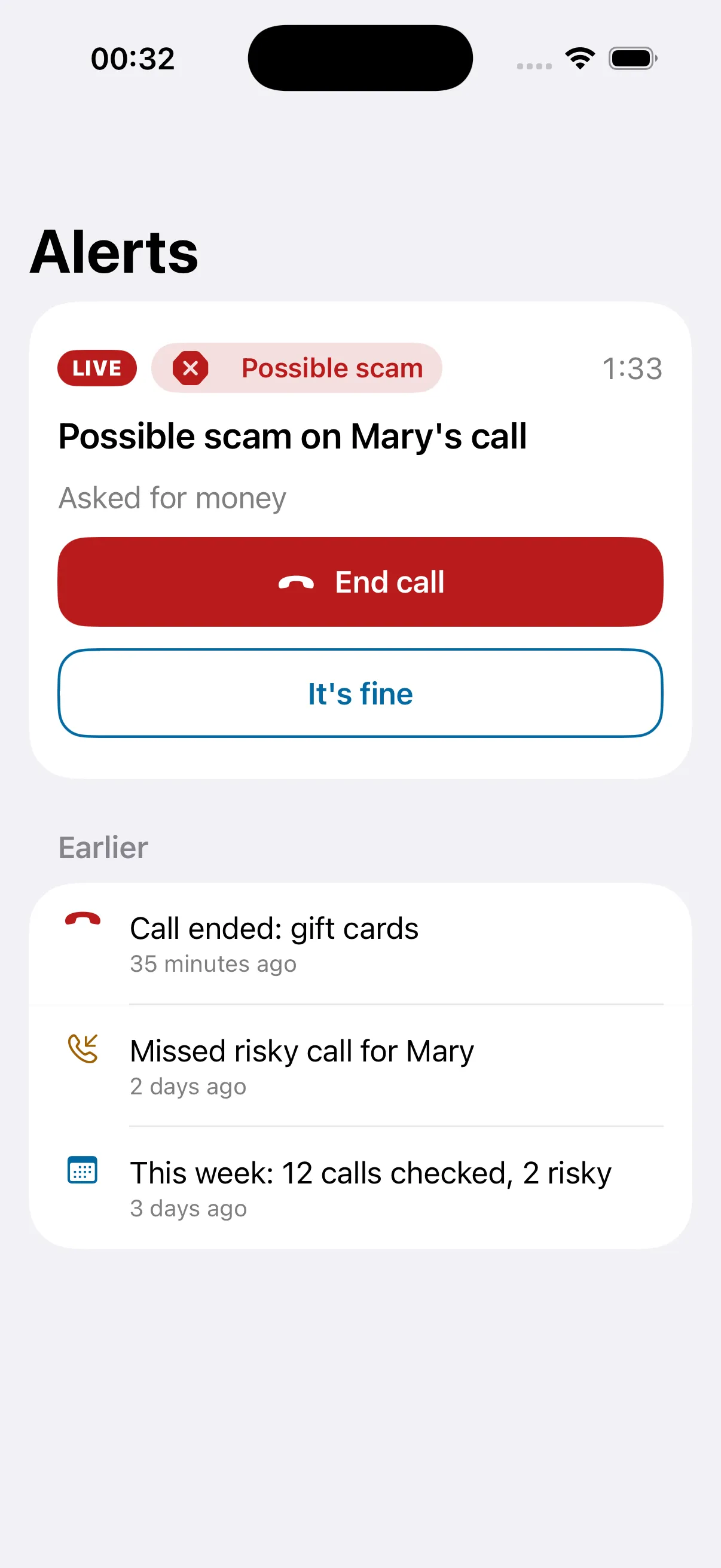 Alerts screen: a live «Possible scam» alert with End call and It’s fine buttons