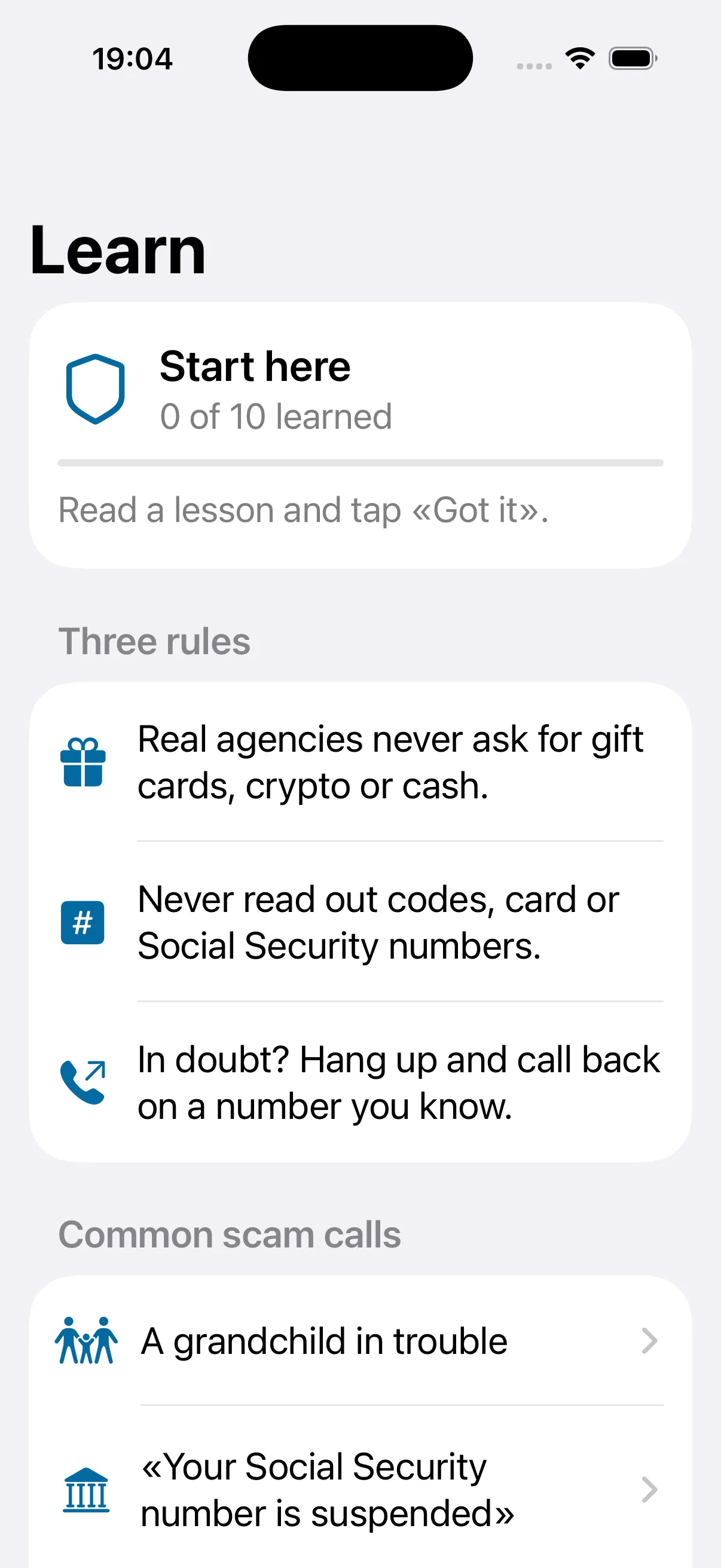 Learn screen with three rules and common scam calls